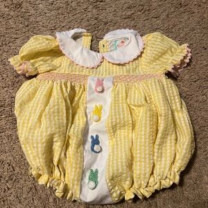 Smocked Flamingo Yellow Gingham Baby Romper with Bunny Accents